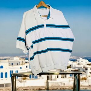 Alexxus Exclusive Sz XXL White and Blue Polo Shirt Nautical Stripes